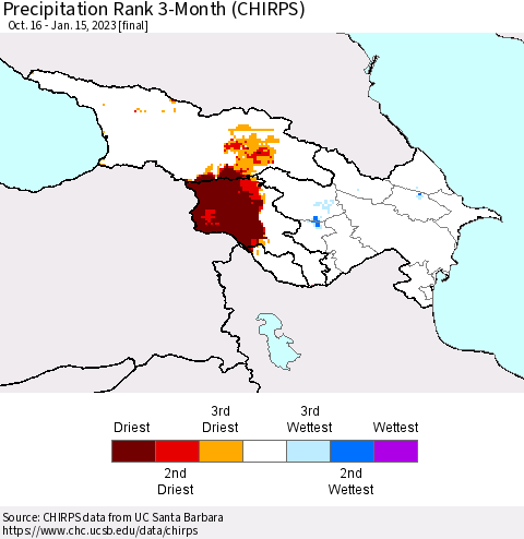 Azerbaijan, Armenia and Georgia Precipitation Rank since 1981, 3-Month (CHIRPS) Thematic Map For 10/16/2022 - 1/15/2023