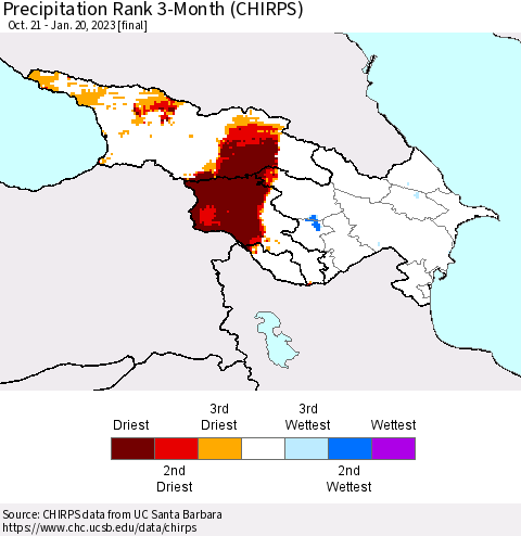 Azerbaijan, Armenia and Georgia Precipitation Rank since 1981, 3-Month (CHIRPS) Thematic Map For 10/21/2022 - 1/20/2023
