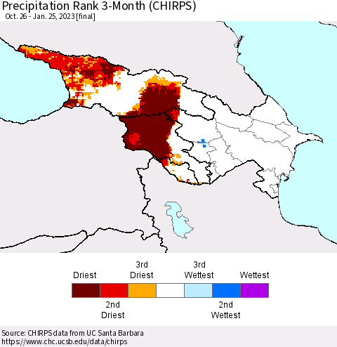 Azerbaijan, Armenia and Georgia Precipitation Rank since 1981, 3-Month (CHIRPS) Thematic Map For 10/26/2022 - 1/25/2023