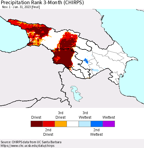 Azerbaijan, Armenia and Georgia Precipitation Rank since 1981, 3-Month (CHIRPS) Thematic Map For 11/1/2022 - 1/31/2023