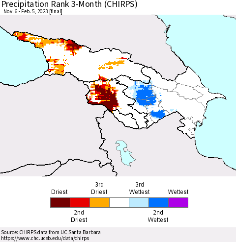 Azerbaijan, Armenia and Georgia Precipitation Rank since 1981, 3-Month (CHIRPS) Thematic Map For 11/6/2022 - 2/5/2023