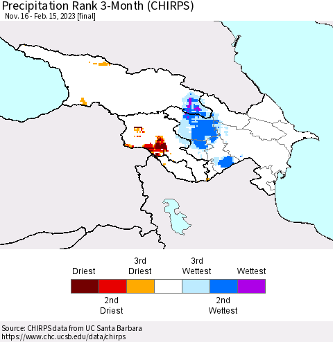 Azerbaijan, Armenia and Georgia Precipitation Rank since 1981, 3-Month (CHIRPS) Thematic Map For 11/16/2022 - 2/15/2023