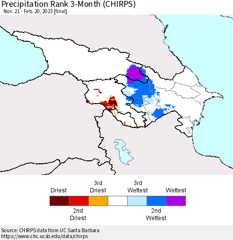 Azerbaijan, Armenia and Georgia Precipitation Rank since 1981, 3-Month (CHIRPS) Thematic Map For 11/21/2022 - 2/20/2023