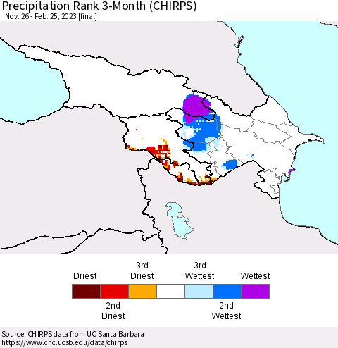 Azerbaijan, Armenia and Georgia Precipitation Rank since 1981, 3-Month (CHIRPS) Thematic Map For 11/26/2022 - 2/25/2023