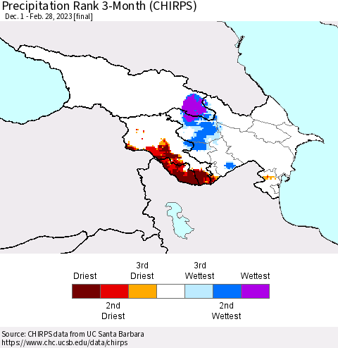 Azerbaijan, Armenia and Georgia Precipitation Rank since 1981, 3-Month (CHIRPS) Thematic Map For 12/1/2022 - 2/28/2023
