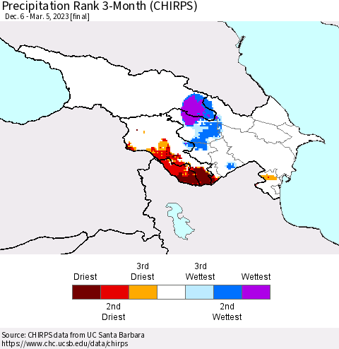Azerbaijan, Armenia and Georgia Precipitation Rank since 1981, 3-Month (CHIRPS) Thematic Map For 12/6/2022 - 3/5/2023