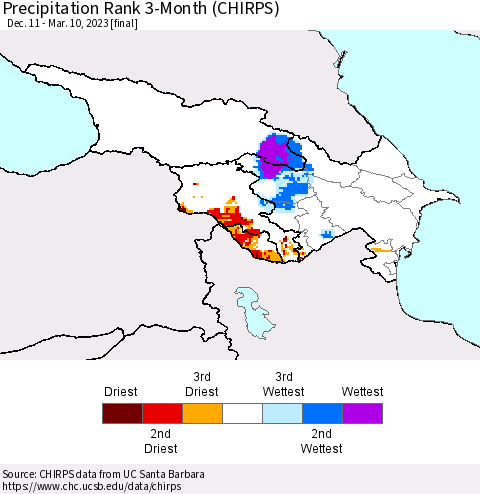Azerbaijan, Armenia and Georgia Precipitation Rank since 1981, 3-Month (CHIRPS) Thematic Map For 12/11/2022 - 3/10/2023