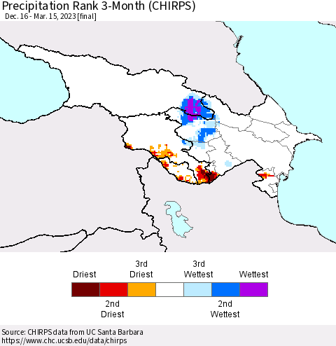 Azerbaijan, Armenia and Georgia Precipitation Rank since 1981, 3-Month (CHIRPS) Thematic Map For 12/16/2022 - 3/15/2023