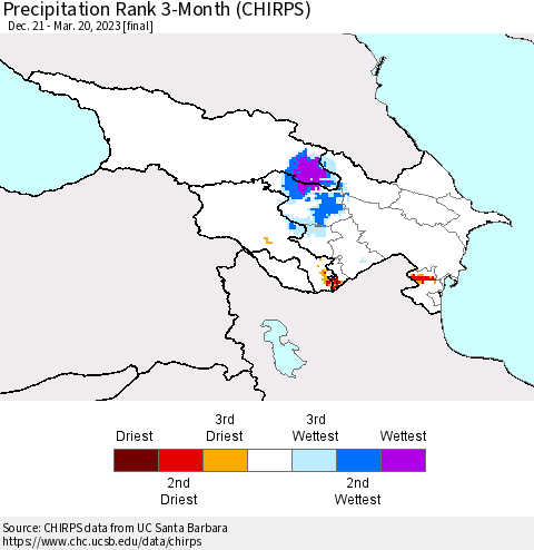 Azerbaijan, Armenia and Georgia Precipitation Rank since 1981, 3-Month (CHIRPS) Thematic Map For 12/21/2022 - 3/20/2023