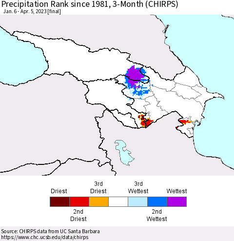 Azerbaijan, Armenia and Georgia Precipitation Rank since 1981, 3-Month (CHIRPS) Thematic Map For 1/6/2023 - 4/5/2023