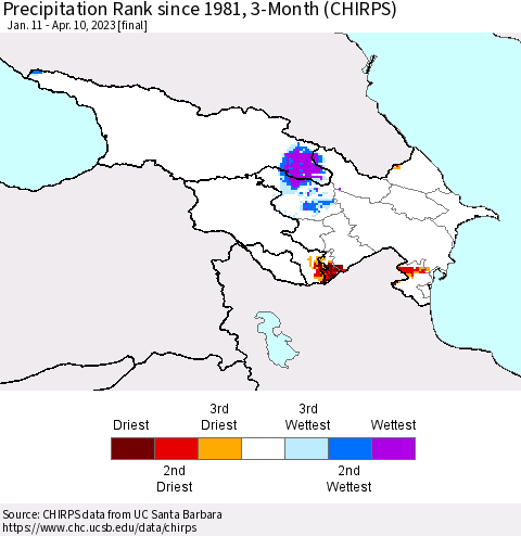 Azerbaijan, Armenia and Georgia Precipitation Rank since 1981, 3-Month (CHIRPS) Thematic Map For 1/11/2023 - 4/10/2023