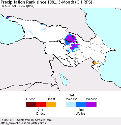 Azerbaijan, Armenia and Georgia Precipitation Rank since 1981, 3-Month (CHIRPS) Thematic Map For 1/16/2023 - 4/15/2023
