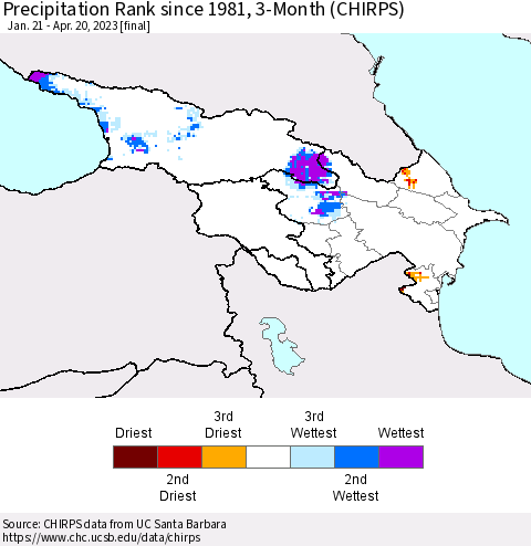 Azerbaijan, Armenia and Georgia Precipitation Rank since 1981, 3-Month (CHIRPS) Thematic Map For 1/21/2023 - 4/20/2023