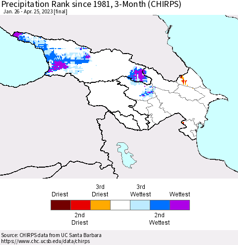 Azerbaijan, Armenia and Georgia Precipitation Rank since 1981, 3-Month (CHIRPS) Thematic Map For 1/26/2023 - 4/25/2023