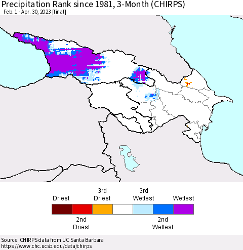 Azerbaijan, Armenia and Georgia Precipitation Rank since 1981, 3-Month (CHIRPS) Thematic Map For 2/1/2023 - 4/30/2023