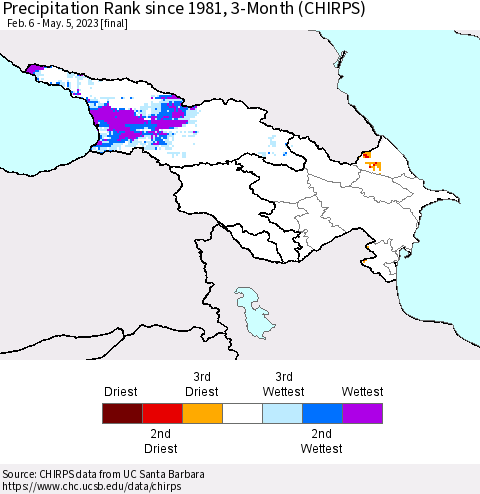 Azerbaijan, Armenia and Georgia Precipitation Rank since 1981, 3-Month (CHIRPS) Thematic Map For 2/6/2023 - 5/5/2023