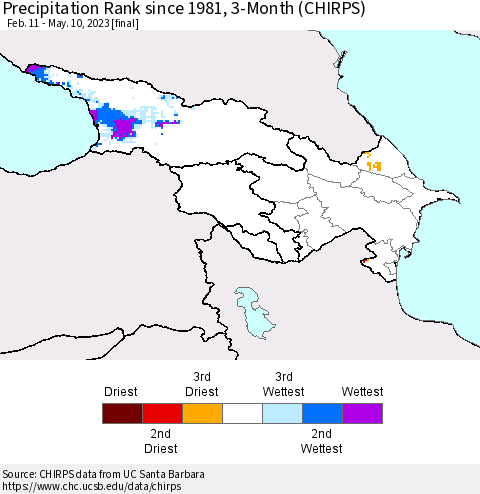 Azerbaijan, Armenia and Georgia Precipitation Rank since 1981, 3-Month (CHIRPS) Thematic Map For 2/11/2023 - 5/10/2023