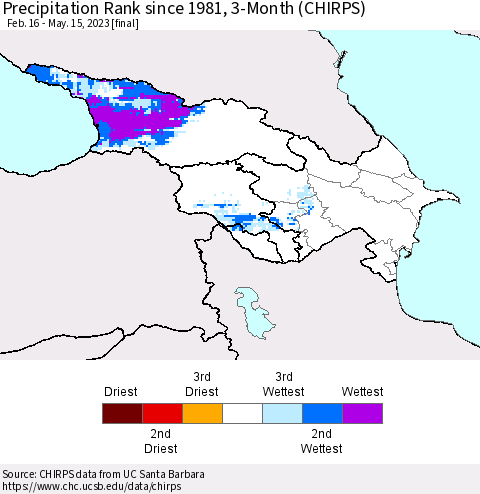 Azerbaijan, Armenia and Georgia Precipitation Rank since 1981, 3-Month (CHIRPS) Thematic Map For 2/16/2023 - 5/15/2023