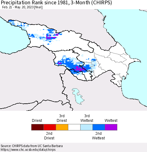 Azerbaijan, Armenia and Georgia Precipitation Rank since 1981, 3-Month (CHIRPS) Thematic Map For 2/21/2023 - 5/20/2023