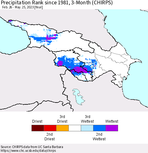 Azerbaijan, Armenia and Georgia Precipitation Rank since 1981, 3-Month (CHIRPS) Thematic Map For 2/26/2023 - 5/25/2023