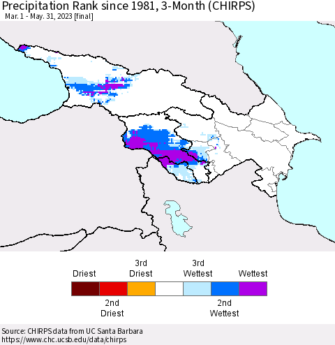 Azerbaijan, Armenia and Georgia Precipitation Rank since 1981, 3-Month (CHIRPS) Thematic Map For 3/1/2023 - 5/31/2023
