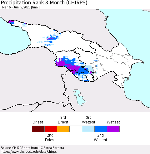 Azerbaijan, Armenia and Georgia Precipitation Rank since 1981, 3-Month (CHIRPS) Thematic Map For 3/6/2023 - 6/5/2023