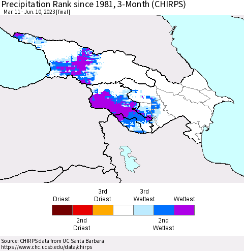 Azerbaijan, Armenia and Georgia Precipitation Rank since 1981, 3-Month (CHIRPS) Thematic Map For 3/11/2023 - 6/10/2023