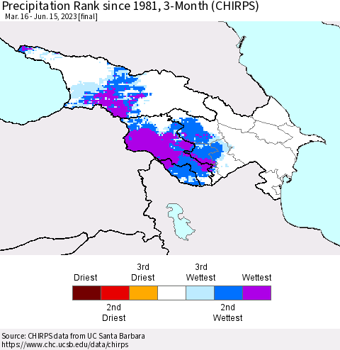 Azerbaijan, Armenia and Georgia Precipitation Rank since 1981, 3-Month (CHIRPS) Thematic Map For 3/16/2023 - 6/15/2023