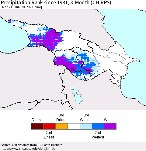 Azerbaijan, Armenia and Georgia Precipitation Rank since 1981, 3-Month (CHIRPS) Thematic Map For 3/21/2023 - 6/20/2023
