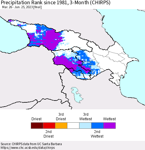 Azerbaijan, Armenia and Georgia Precipitation Rank since 1981, 3-Month (CHIRPS) Thematic Map For 3/26/2023 - 6/25/2023