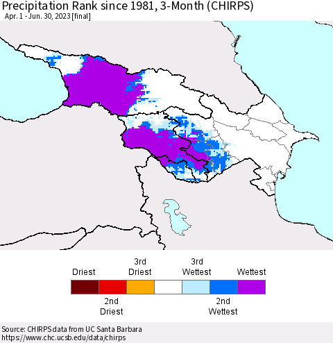 Azerbaijan, Armenia and Georgia Precipitation Rank since 1981, 3-Month (CHIRPS) Thematic Map For 4/1/2023 - 6/30/2023