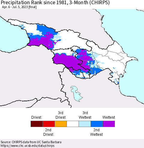 Azerbaijan, Armenia and Georgia Precipitation Rank since 1981, 3-Month (CHIRPS) Thematic Map For 4/6/2023 - 7/5/2023