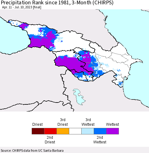 Azerbaijan, Armenia and Georgia Precipitation Rank since 1981, 3-Month (CHIRPS) Thematic Map For 4/11/2023 - 7/10/2023