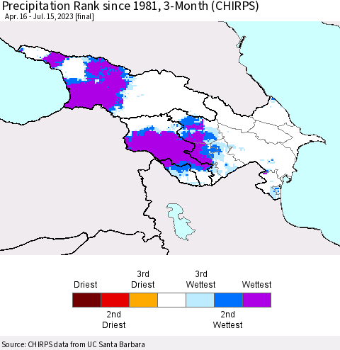 Azerbaijan, Armenia and Georgia Precipitation Rank since 1981, 3-Month (CHIRPS) Thematic Map For 4/16/2023 - 7/15/2023