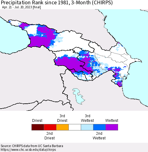 Azerbaijan, Armenia and Georgia Precipitation Rank since 1981, 3-Month (CHIRPS) Thematic Map For 4/21/2023 - 7/20/2023
