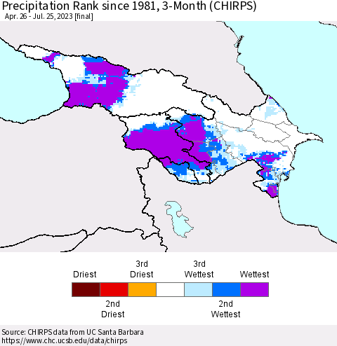 Azerbaijan, Armenia and Georgia Precipitation Rank since 1981, 3-Month (CHIRPS) Thematic Map For 4/26/2023 - 7/25/2023