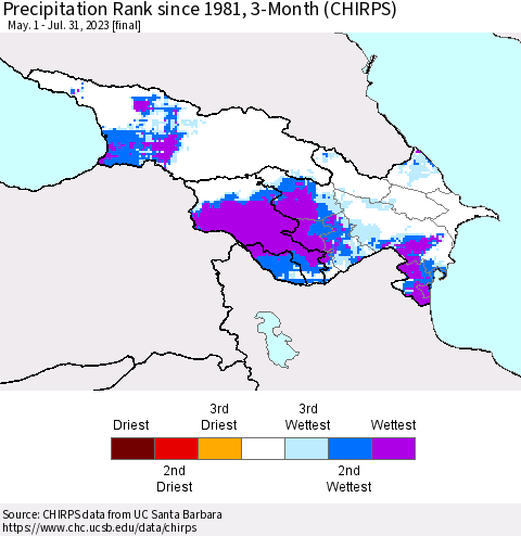 Azerbaijan, Armenia and Georgia Precipitation Rank since 1981, 3-Month (CHIRPS) Thematic Map For 5/1/2023 - 7/31/2023