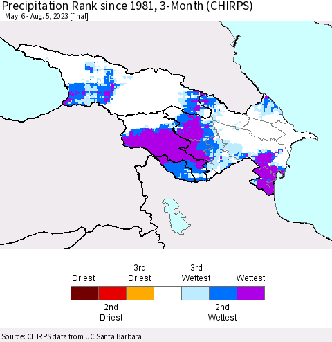 Azerbaijan, Armenia and Georgia Precipitation Rank since 1981, 3-Month (CHIRPS) Thematic Map For 5/6/2023 - 8/5/2023