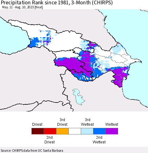 Azerbaijan, Armenia and Georgia Precipitation Rank since 1981, 3-Month (CHIRPS) Thematic Map For 5/11/2023 - 8/10/2023