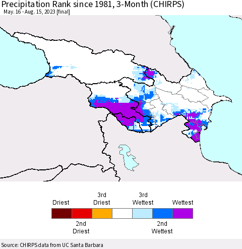 Azerbaijan, Armenia and Georgia Precipitation Rank since 1981, 3-Month (CHIRPS) Thematic Map For 5/16/2023 - 8/15/2023