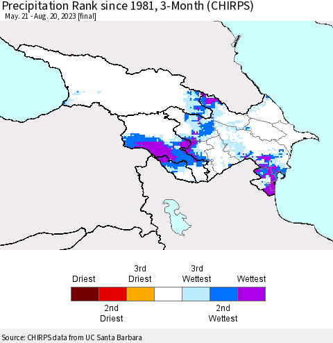 Azerbaijan, Armenia and Georgia Precipitation Rank since 1981, 3-Month (CHIRPS) Thematic Map For 5/21/2023 - 8/20/2023