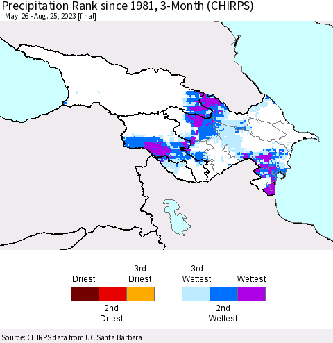 Azerbaijan, Armenia and Georgia Precipitation Rank since 1981, 3-Month (CHIRPS) Thematic Map For 5/26/2023 - 8/25/2023