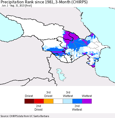 Azerbaijan, Armenia and Georgia Precipitation Rank since 1981, 3-Month (CHIRPS) Thematic Map For 6/1/2023 - 8/31/2023