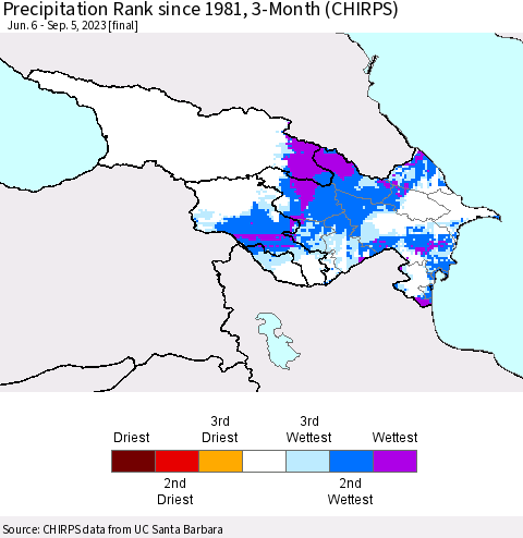 Azerbaijan, Armenia and Georgia Precipitation Rank since 1981, 3-Month (CHIRPS) Thematic Map For 6/6/2023 - 9/5/2023