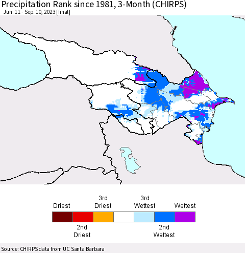 Azerbaijan, Armenia and Georgia Precipitation Rank since 1981, 3-Month (CHIRPS) Thematic Map For 6/11/2023 - 9/10/2023