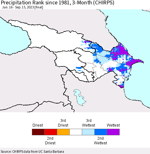 Azerbaijan, Armenia and Georgia Precipitation Rank since 1981, 3-Month (CHIRPS) Thematic Map For 6/16/2023 - 9/15/2023