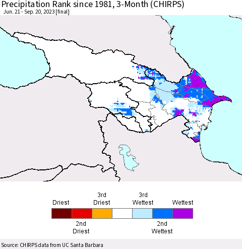 Azerbaijan, Armenia and Georgia Precipitation Rank since 1981, 3-Month (CHIRPS) Thematic Map For 6/21/2023 - 9/20/2023