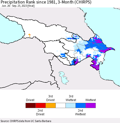 Azerbaijan, Armenia and Georgia Precipitation Rank since 1981, 3-Month (CHIRPS) Thematic Map For 6/26/2023 - 9/25/2023