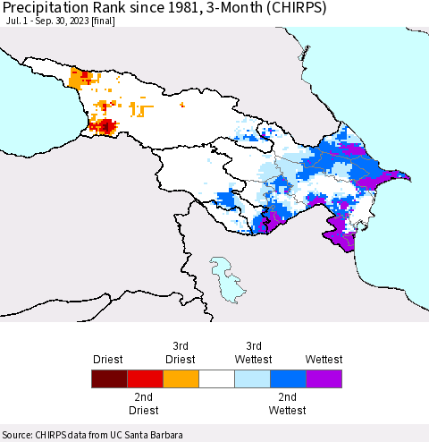 Azerbaijan, Armenia and Georgia Precipitation Rank since 1981, 3-Month (CHIRPS) Thematic Map For 7/1/2023 - 9/30/2023