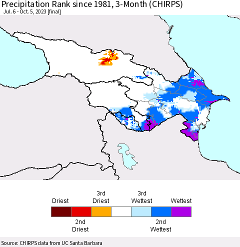 Azerbaijan, Armenia and Georgia Precipitation Rank since 1981, 3-Month (CHIRPS) Thematic Map For 7/6/2023 - 10/5/2023
